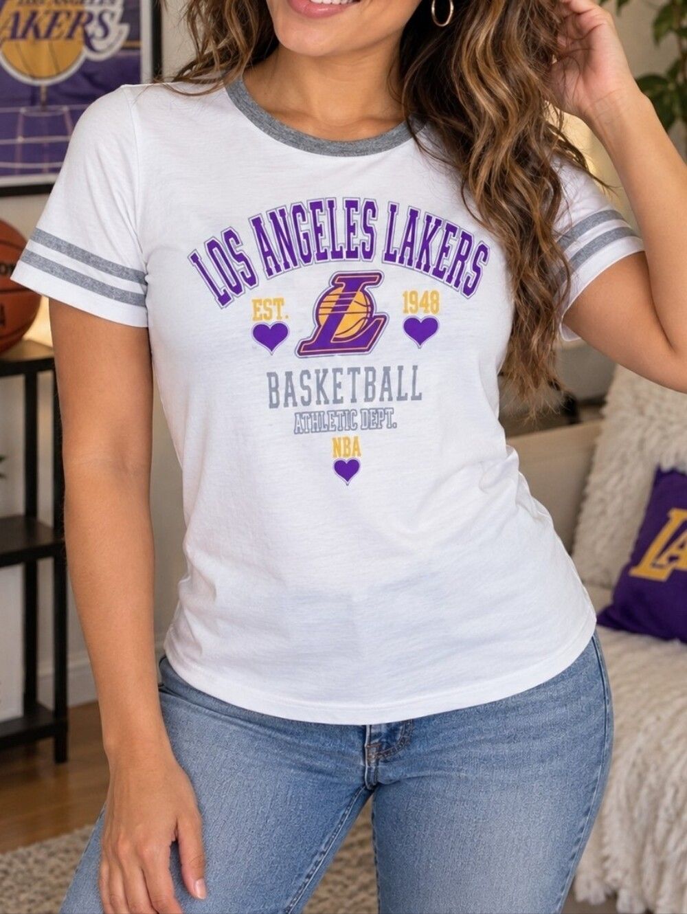 Los Angeles Lakers Women’s NBA White Ringer Graphic T-Shirt Purple Gold #4